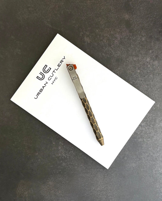 Maverick Customs-Maverick Customs flipper universal (mini) Pen - Fully Sculpted Brass - Butterscotch Micarta Flipper - Milled Ti Clip-1-Urban Cutlery