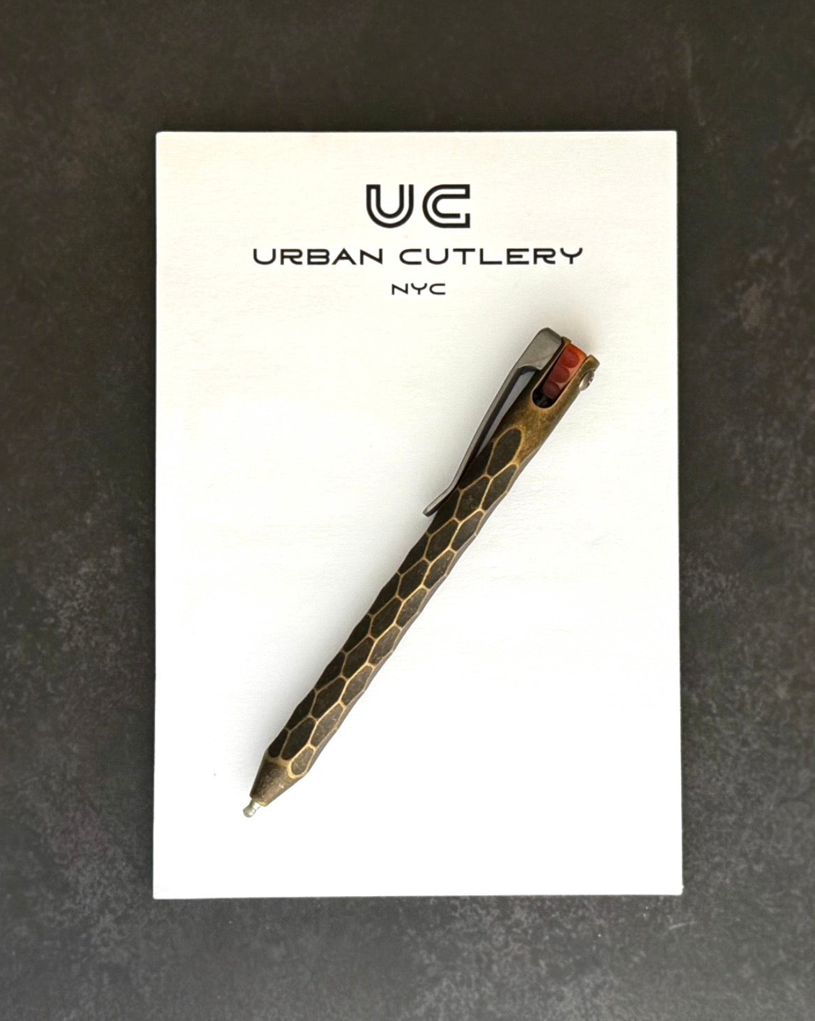 Maverick Customs-Maverick Customs flipper universal (mini) Pen - Fully Sculpted Brass - Butterscotch Micarta Flipper - Milled Ti Clip-2-Urban Cutlery