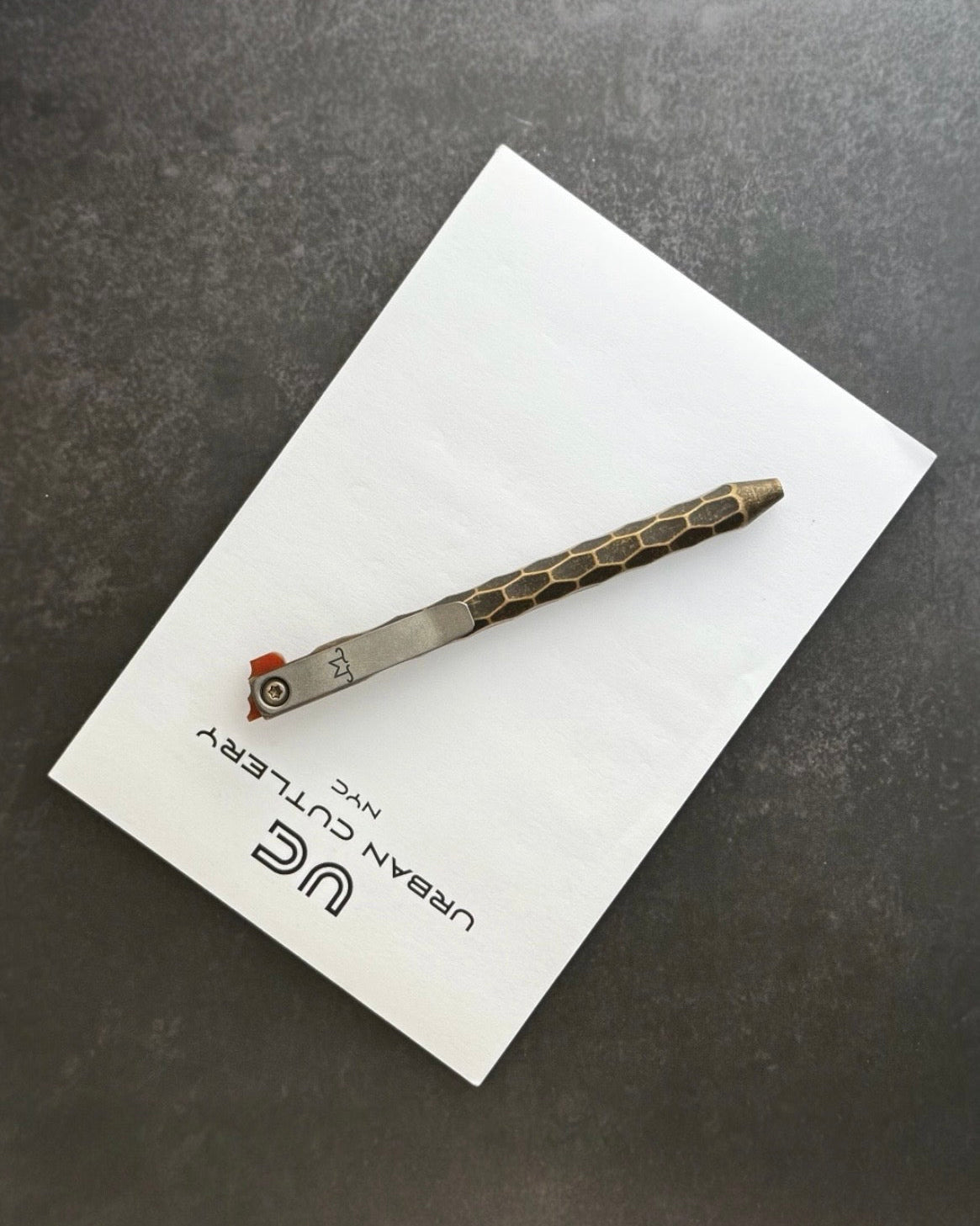 Maverick Customs-Maverick Customs flipper universal (mini) Pen - Fully Sculpted Brass - Butterscotch Micarta Flipper - Milled Ti Clip-3-Urban Cutlery