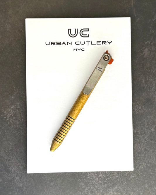 Maverick Customs-Maverick Customs flipper universal (mini) Pen - Ringed Brass - Butterscotch Micarta Flipper - Milled Ti Clip-1-Urban Cutlery