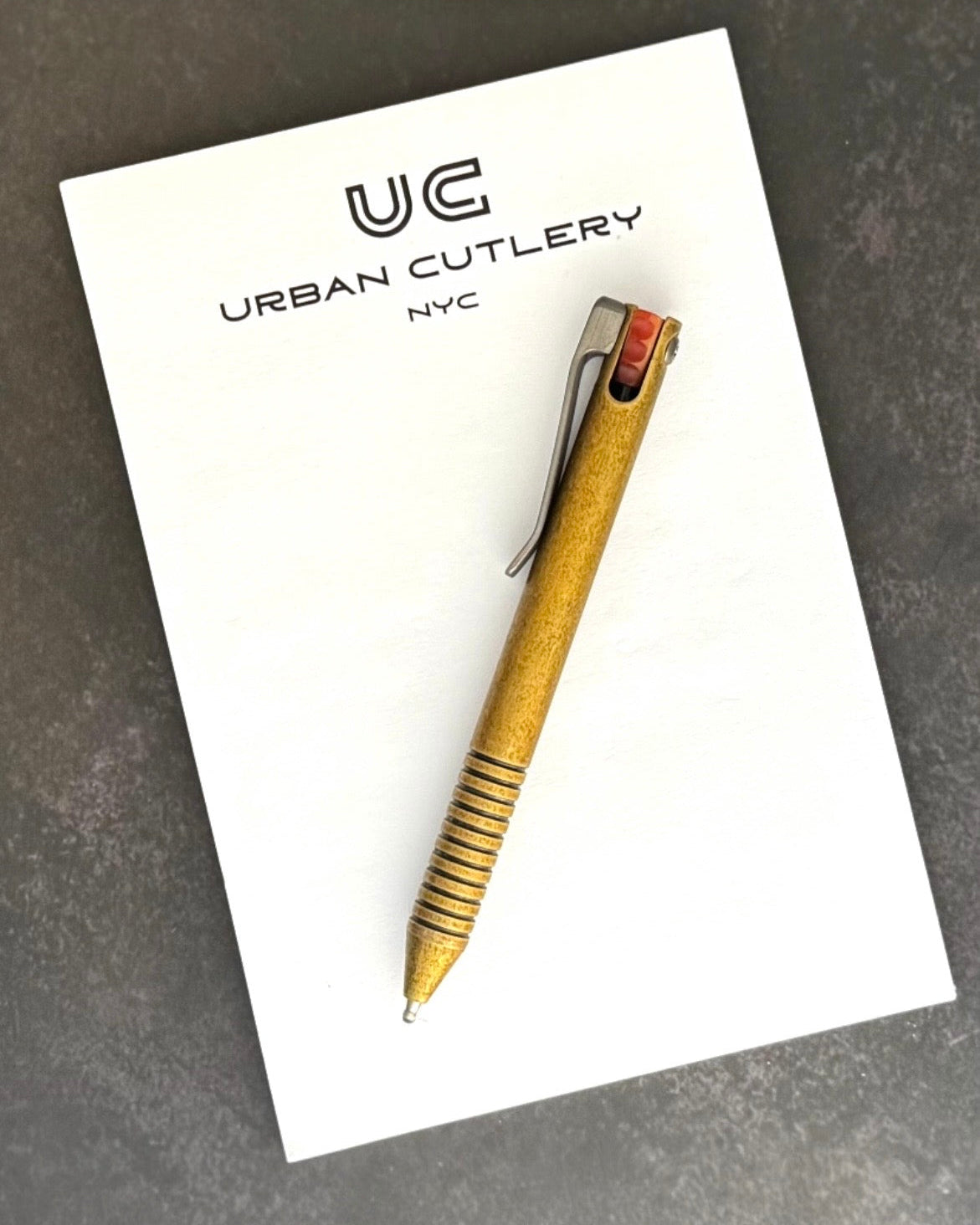 Maverick Customs-Maverick Customs flipper universal (mini) Pen - Ringed Brass - Butterscotch Micarta Flipper - Milled Ti Clip-2-Urban Cutlery