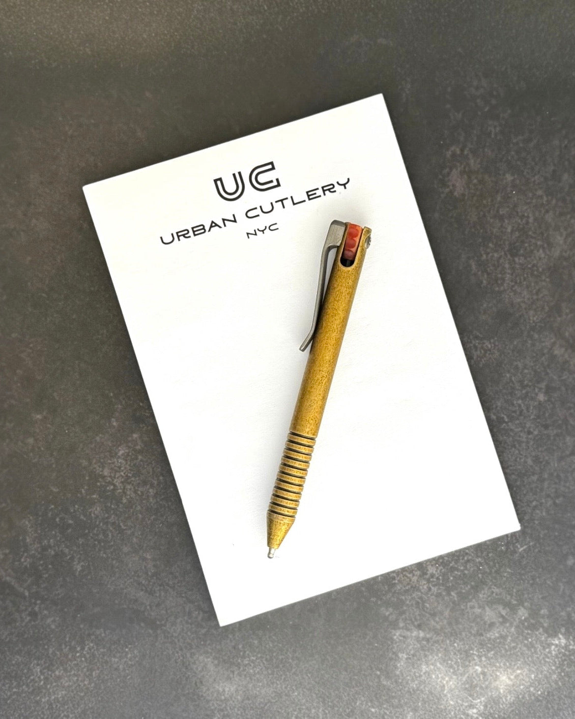 Maverick Customs-Maverick Customs flipper universal (mini) Pen - Ringed Brass - Butterscotch Micarta Flipper - Milled Ti Clip-3-Urban Cutlery