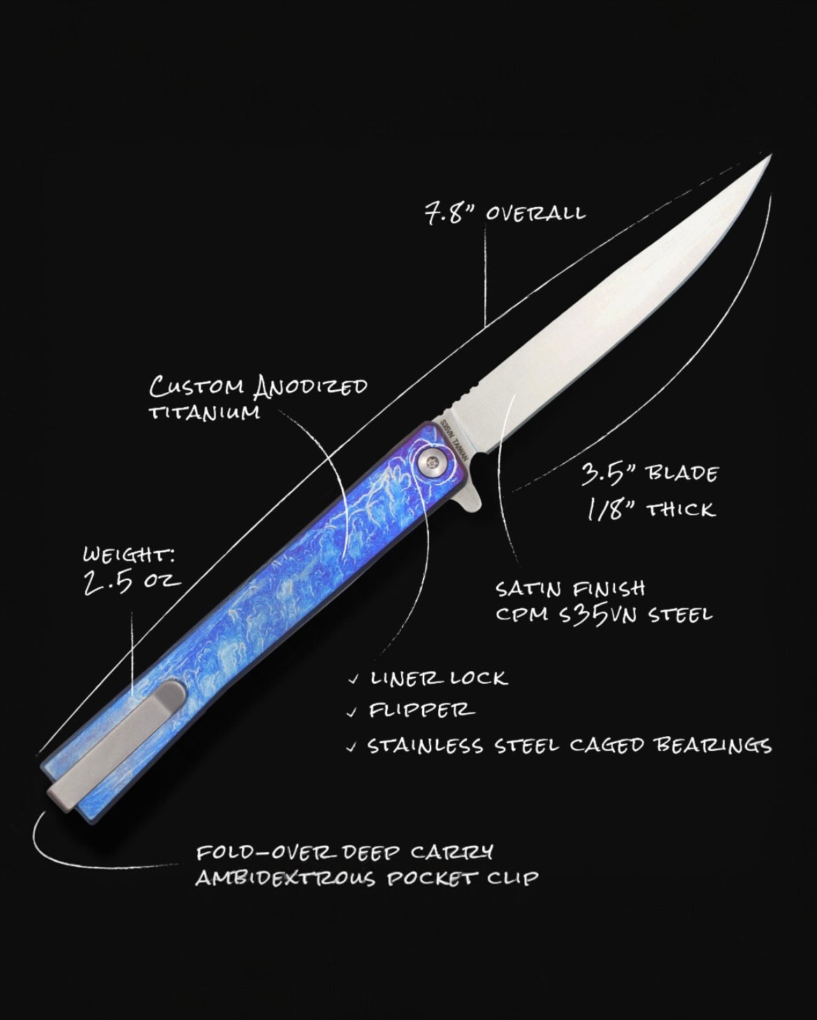 Ocaso Knives-Ocaso Knives Solstice - Textured Titanium Handle - Black PVD S35VN Blade-2-Urban Cutlery