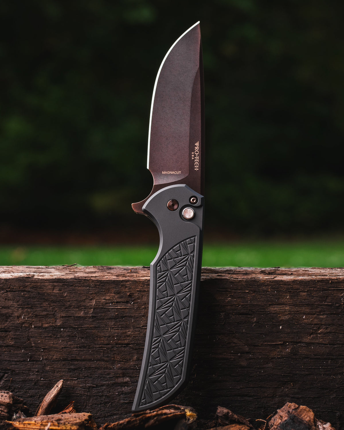 Pro-Tech CCKSF26.Mordax.1 CCKS Fall 2026 Exclusive Mordax - NEXUS Textured Black Handle - Antique PVD Magnacut Blade - Black Lip Pearl Push Button - DLC Clip /35