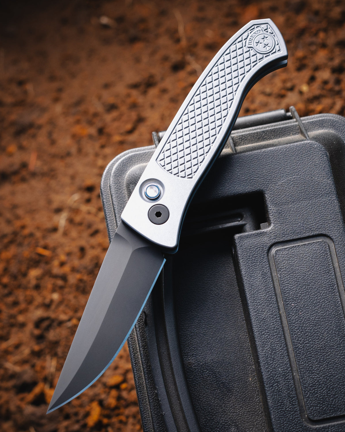 Pro-Tech CCKSF26.Brend.1 CCKS Fall 2026 Exclusive Brend Classic Auto - Diamond Textured Grey Handles - DLC Black Magnacut Blade - Black Lip Pearl Button - Black Hardware /65