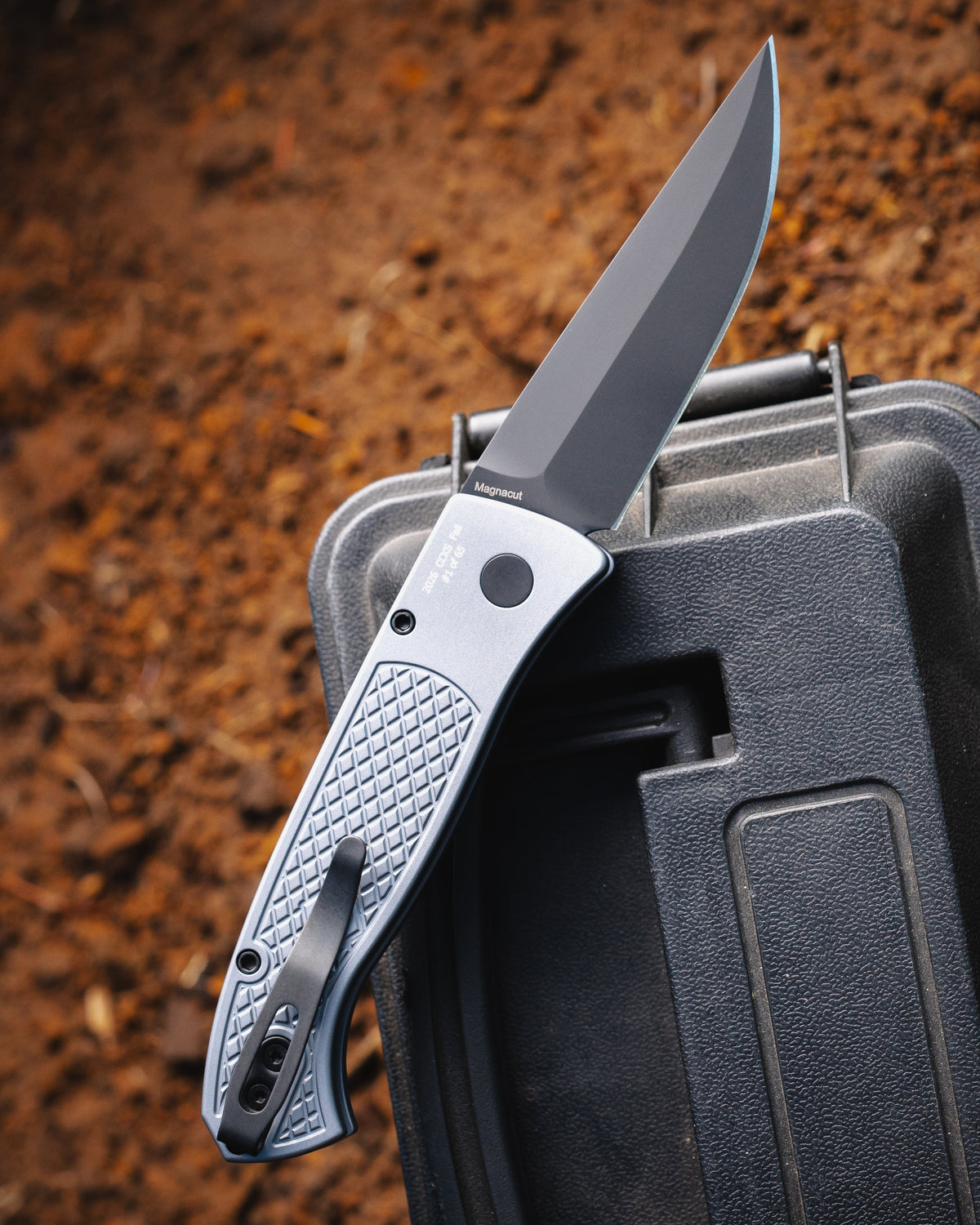 Pro-Tech CCKSF26.Brend.1 CCKS Fall 2026 Exclusive Brend Classic Auto - Diamond Textured Grey Handles - DLC Black Magnacut Blade - Black Lip Pearl Button - Black Hardware /65