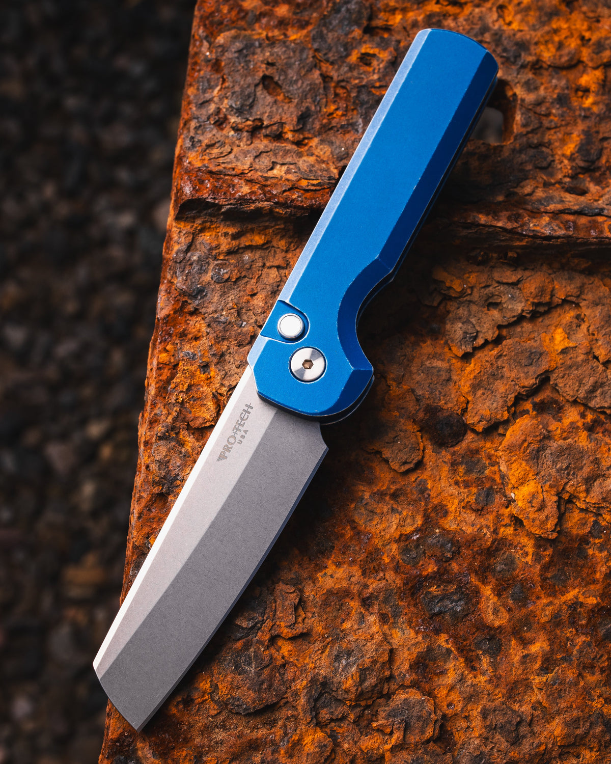 Pro-Tech CCKSF26.Slimfoot.1 CCKS Fall 2026 Exclusive Slimfoot AUTO - Battleworn Blue Handle - Stonewash Magnacut Blade - Pearl Button - Satin Hardware /30