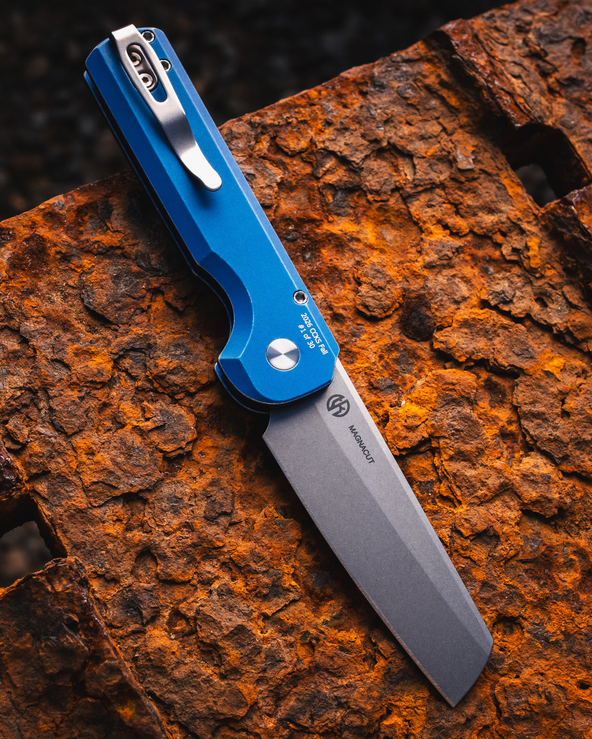Pro-Tech CCKSF26.Slimfoot.1 CCKS Fall 2026 Exclusive Slimfoot AUTO - Battleworn Blue Handle - Stonewash Magnacut Blade - Pearl Button - Satin Hardware /30