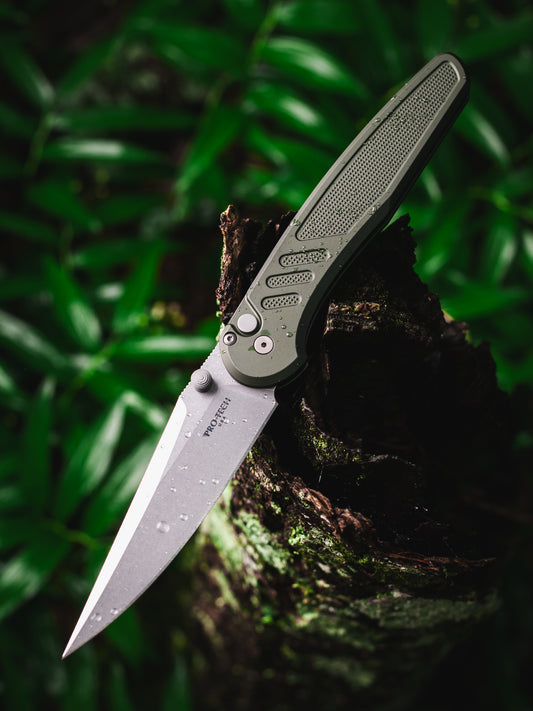 Pro-Tech x Peace Neighbor Avalon PN1101.Green  - Knurled Green Aluminum Handle - Stonewash Magnacut Blade - Blasted Thumb Studs and Hardware - Blasted Long Deep Carry Clip
