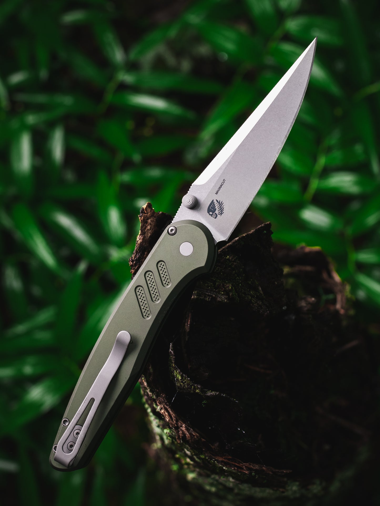 Pro-Tech x Peace Neighbor Avalon PN1101.Green  - Knurled Green Aluminum Handle - Stonewash Magnacut Blade - Blasted Thumb Studs and Hardware - Blasted Long Deep Carry Clip