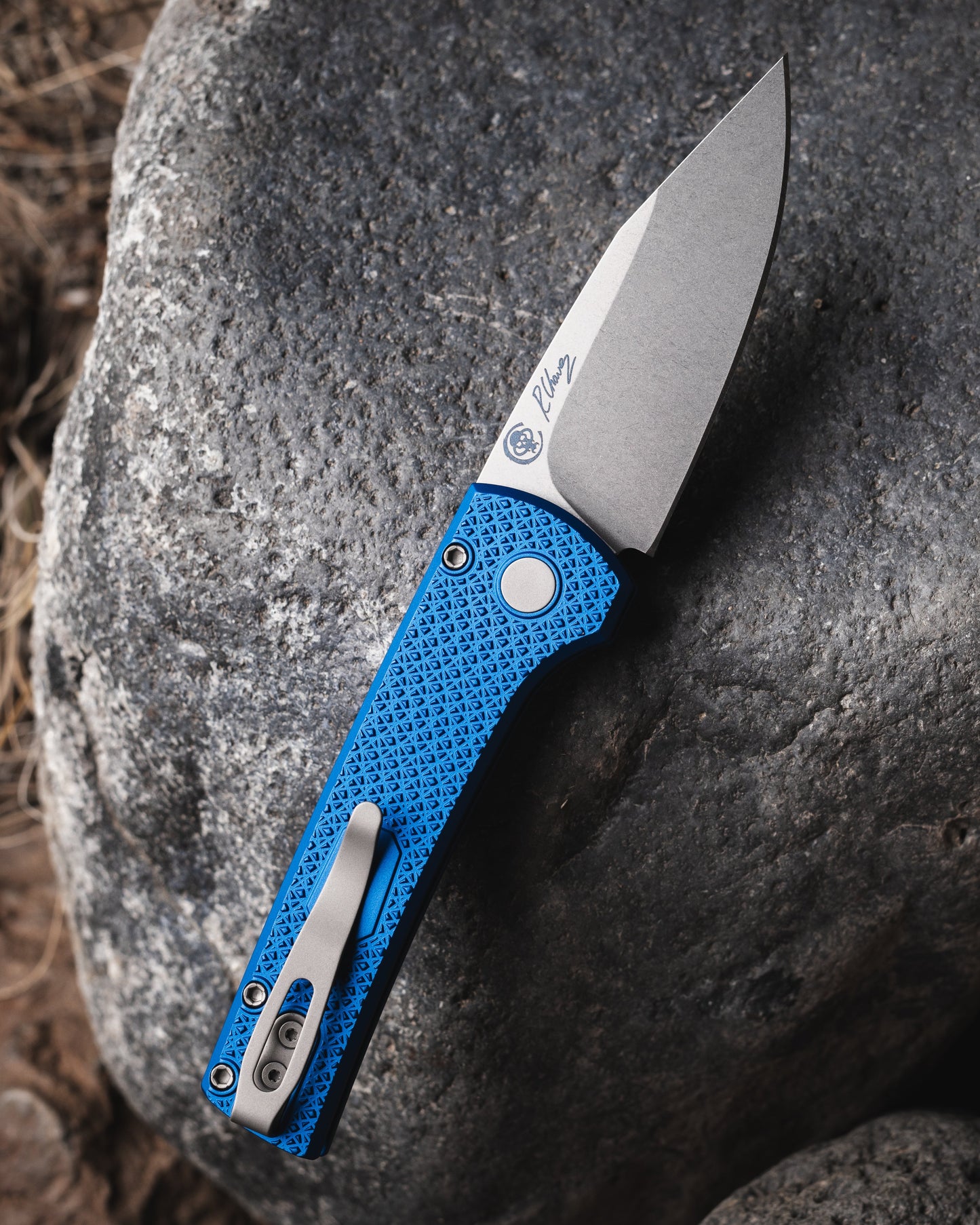 Chaves x ProTech Scapegoat RCS1105.Blue Auto - Carbide Textured Blue Handles - Stonewash MAGNAMAX Blade