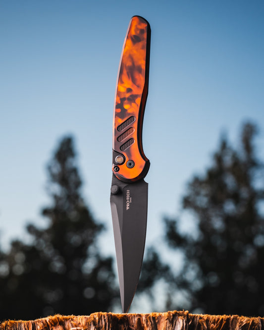 Pro-Tech x Peace Neighbor Avalon PN1104.DF  - Solid "Del Fuego" Custom Anodized Aluminum Handle - DLC Black Magnacut Blade - Black Lip Pearl Button - Black Thumb Studs and Hardware - Black Long Deep Carry Clip