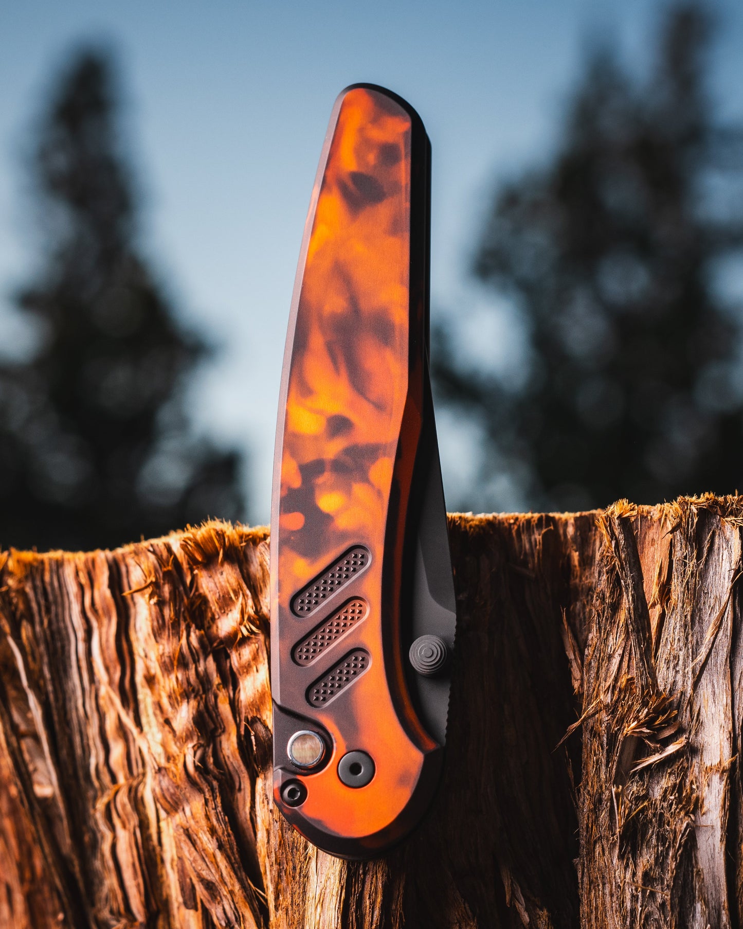 Pro-Tech x Peace Neighbor Avalon PN1104.DF  - Solid "Del Fuego" Custom Anodized Aluminum Handle - DLC Black Magnacut Blade - Black Lip Pearl Button - Black Thumb Studs and Hardware - Black Long Deep Carry Clip