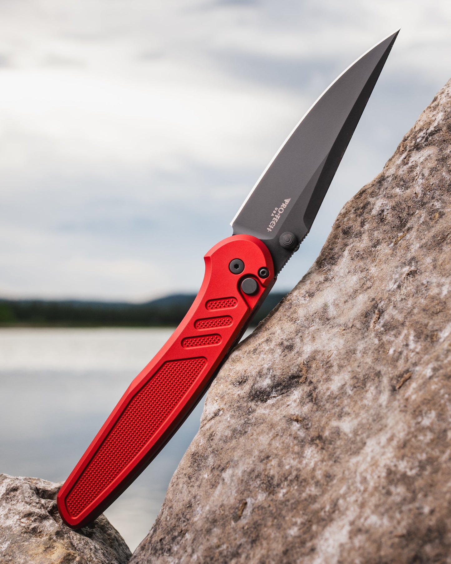 Pro-Tech x Peace Neighbor Avalon PN1103.Red  - Knurled Red Aluminum Handle - DLC Black Magnacut Blade - Blasted Thumb Studs and Hardware - Black Long Deep Carry Clip