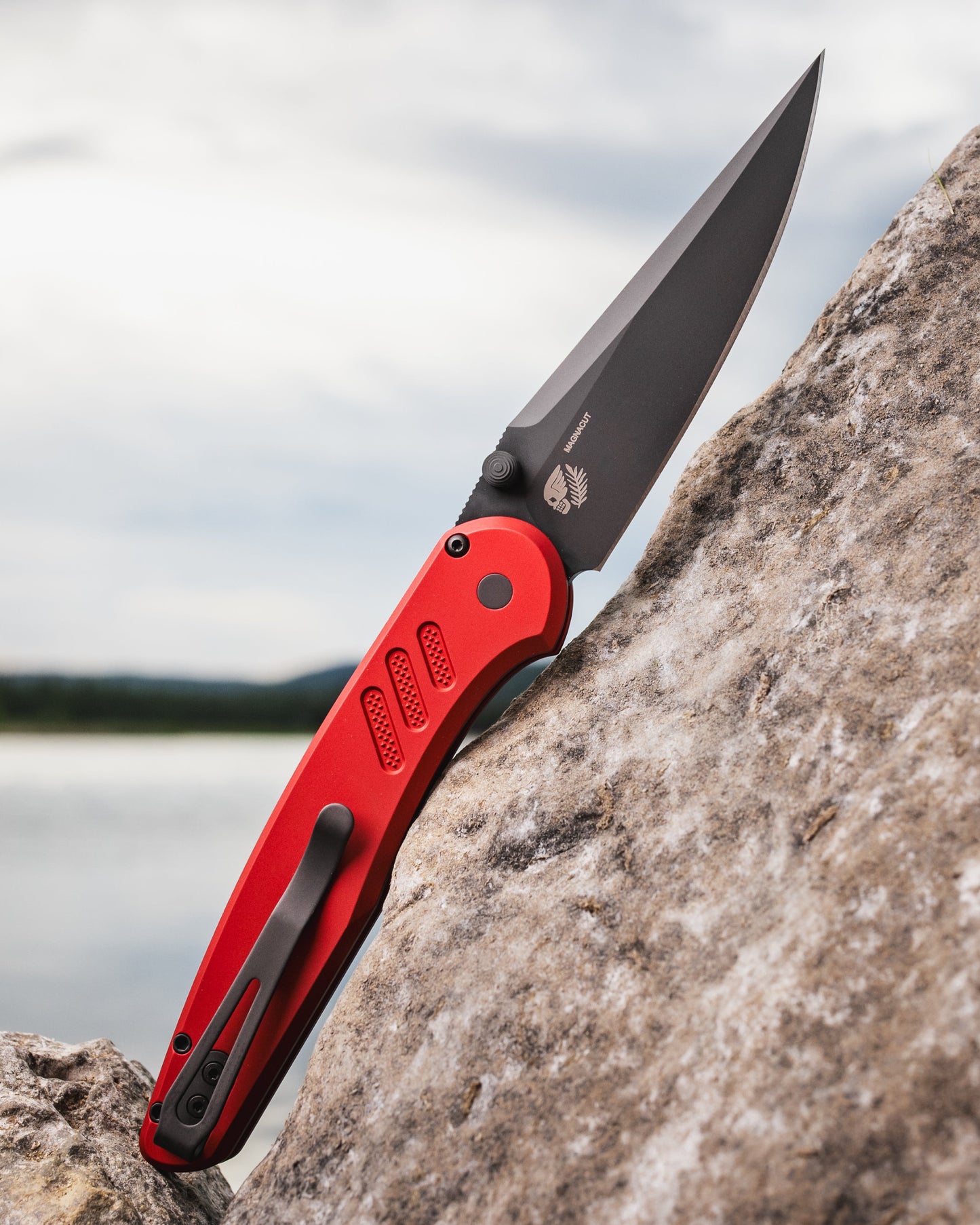 Pro-Tech x Peace Neighbor Avalon PN1103.Red  - Knurled Red Aluminum Handle - DLC Black Magnacut Blade - Blasted Thumb Studs and Hardware - Black Long Deep Carry Clip