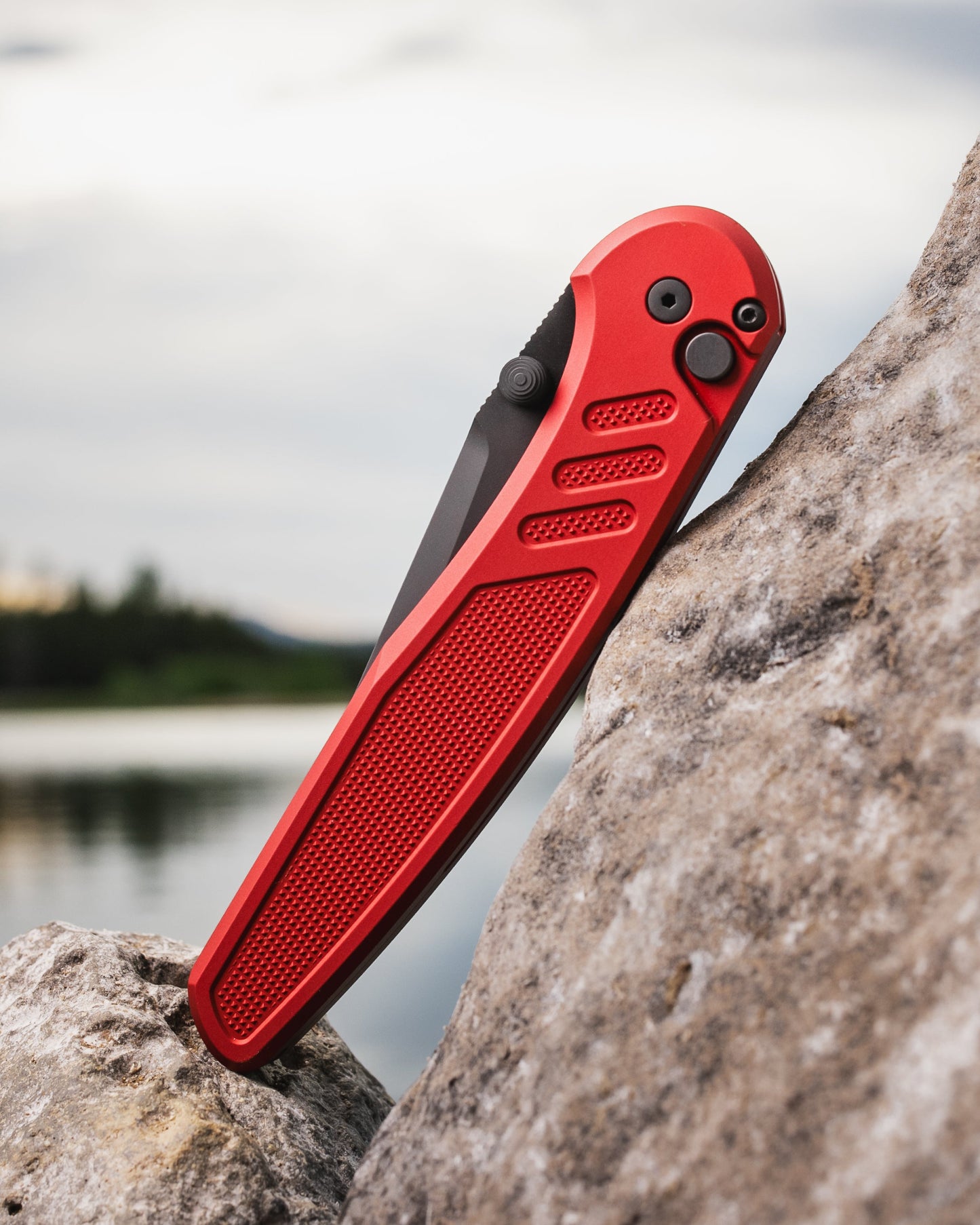 Pro-Tech x Peace Neighbor Avalon PN1103.Red  - Knurled Red Aluminum Handle - DLC Black Magnacut Blade - Blasted Thumb Studs and Hardware - Black Long Deep Carry Clip