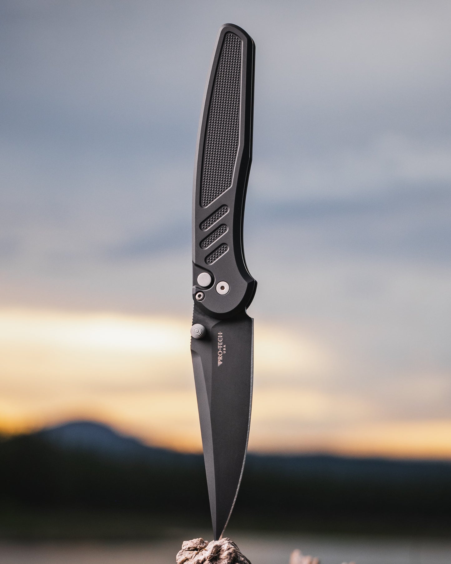 Pro-Tech x Peace Neighbor Avalon PN1103  - Knurled Black Aluminum Handle - DLC Black Magnacut Blade - Blasted Thumb Studs and Hardware - Black Long Deep Carry Clip