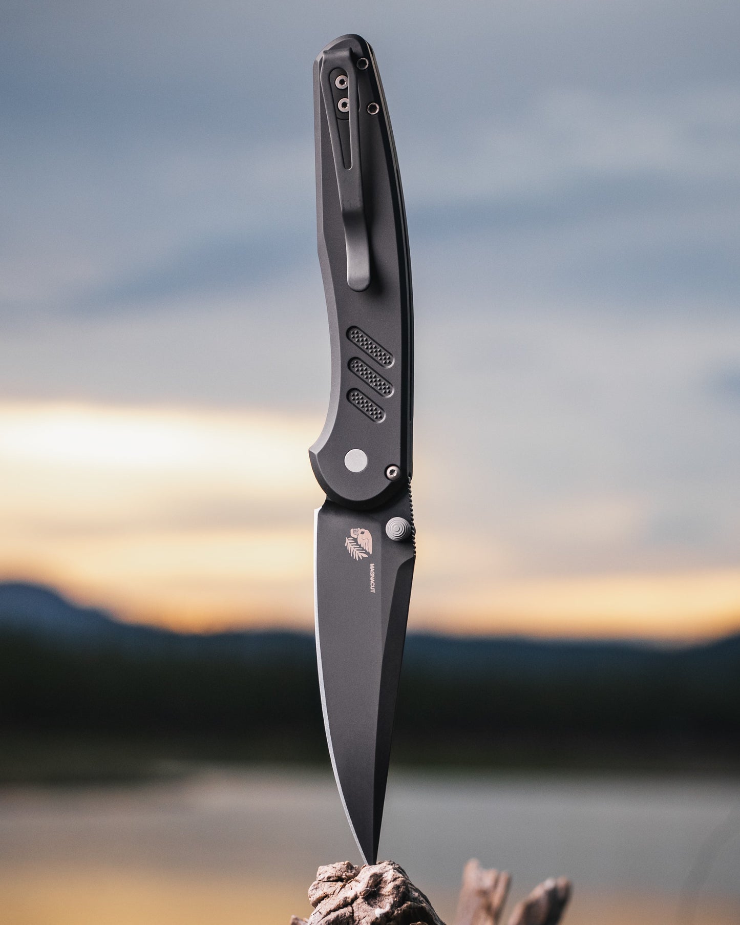 Pro-Tech x Peace Neighbor Avalon PN1103  - Knurled Black Aluminum Handle - DLC Black Magnacut Blade - Blasted Thumb Studs and Hardware - Black Long Deep Carry Clip