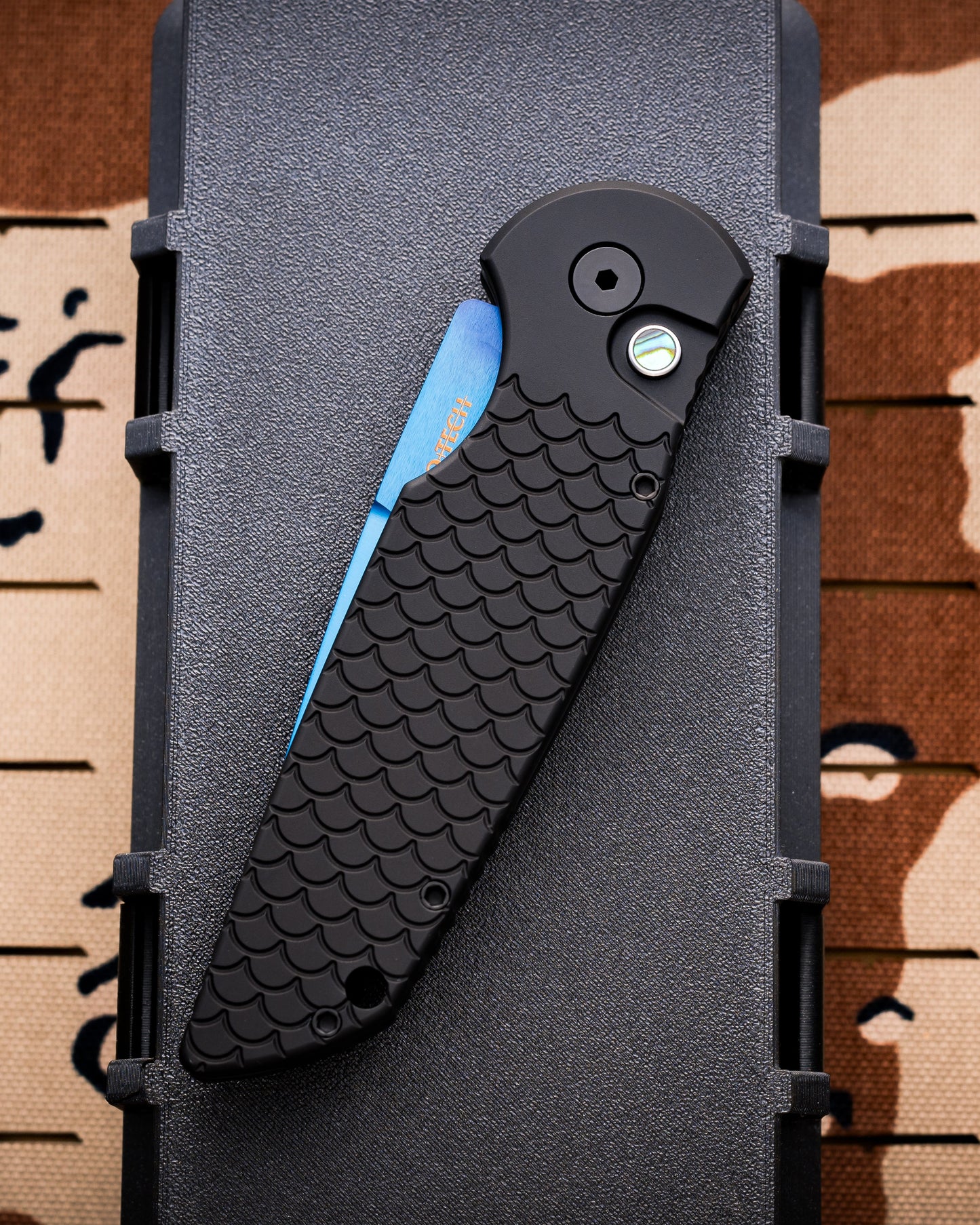 Pro-Tech TR-3.X1.SB TR-3 AUTO - Black "Fish Scale" Handle - Sapphire Blue 154cm Blade - Abalone Button - All Black Hardware