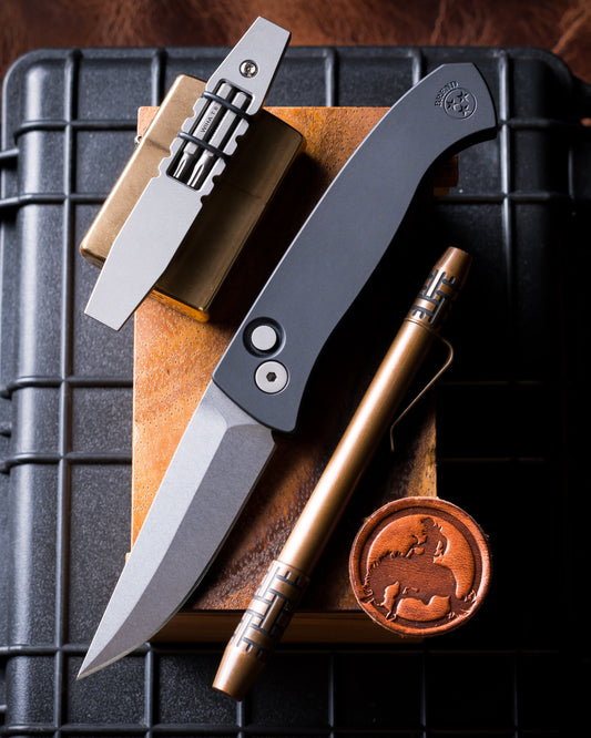 Pro-Tech WB1101 Brend Classic Auto - Black Handles - Stonewash Magnacut Blade - Blasted Hardware