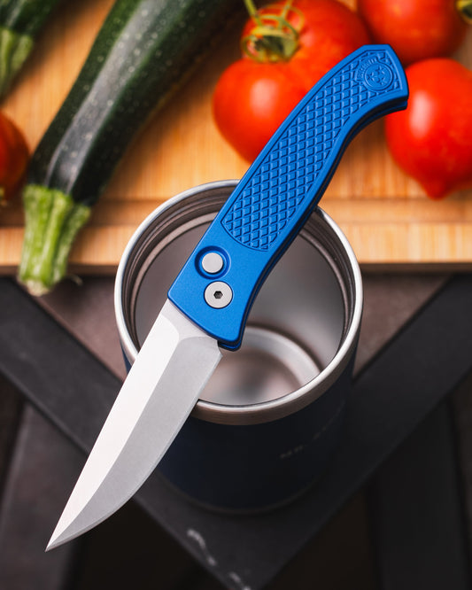 Pro-Tech WB1105.Blue Brend Classic Auto - Diamond Textured Blue Handles - Stonewash Magnacut Blade - Blasted Hardware