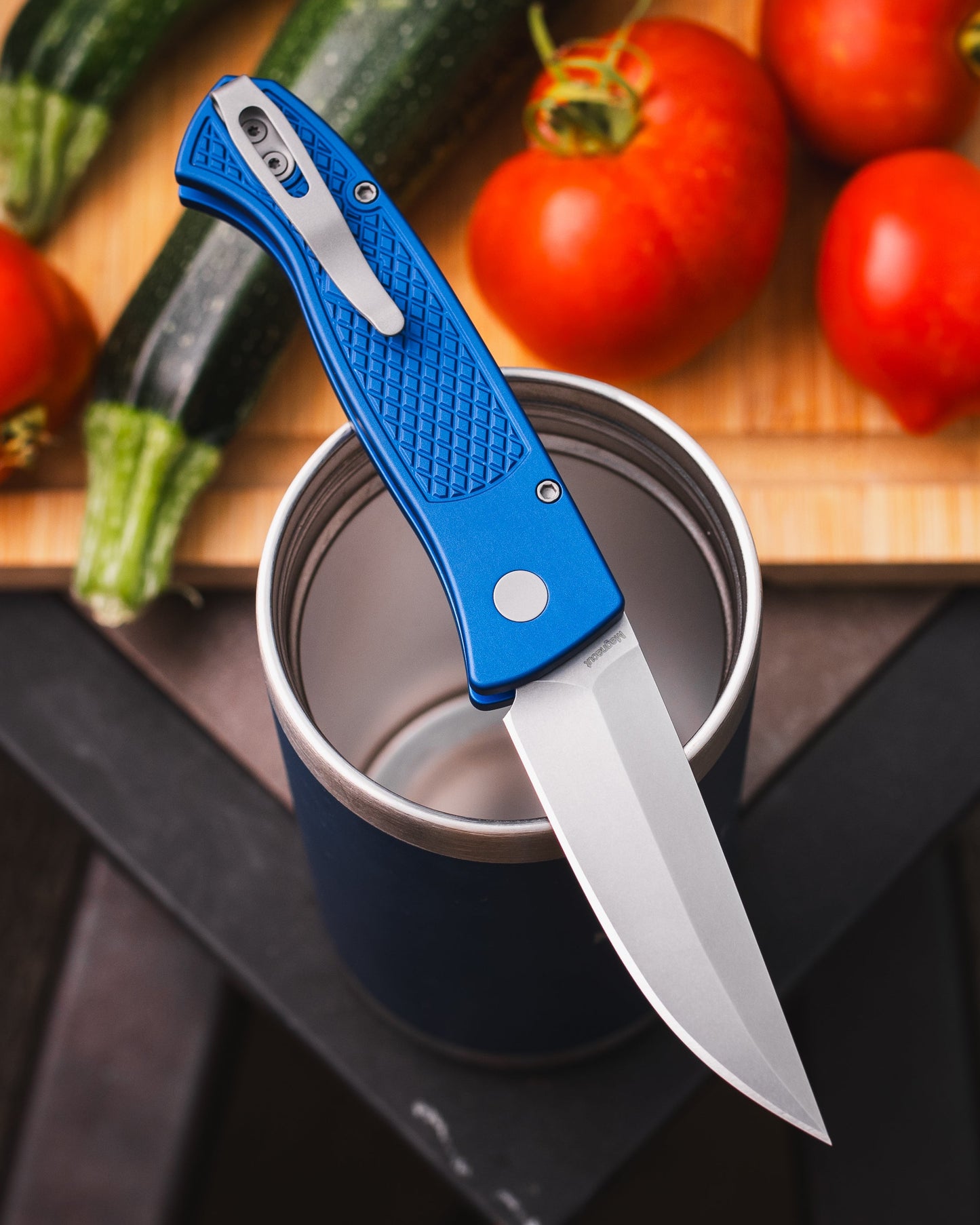 Pro-Tech WB1105.Blue Brend Classic Auto - Diamond Textured Blue Handles - Stonewash Magnacut Blade - Blasted Hardware