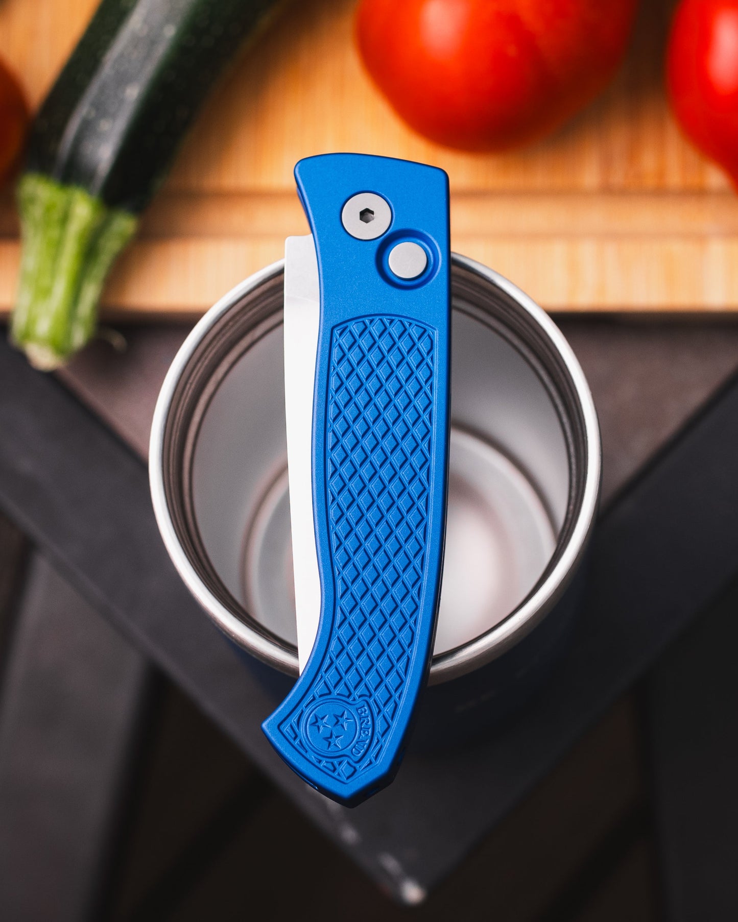 Pro-Tech WB1105.Blue Brend Classic Auto - Diamond Textured Blue Handles - Stonewash Magnacut Blade - Blasted Hardware