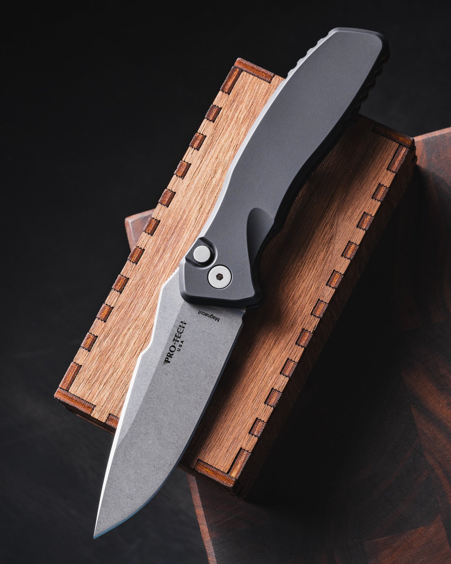 ProTech x Spartan Blades Pallas SB1101 Auto - Black Handles - Stonewash Magnacut Blade - Blasted Hardware