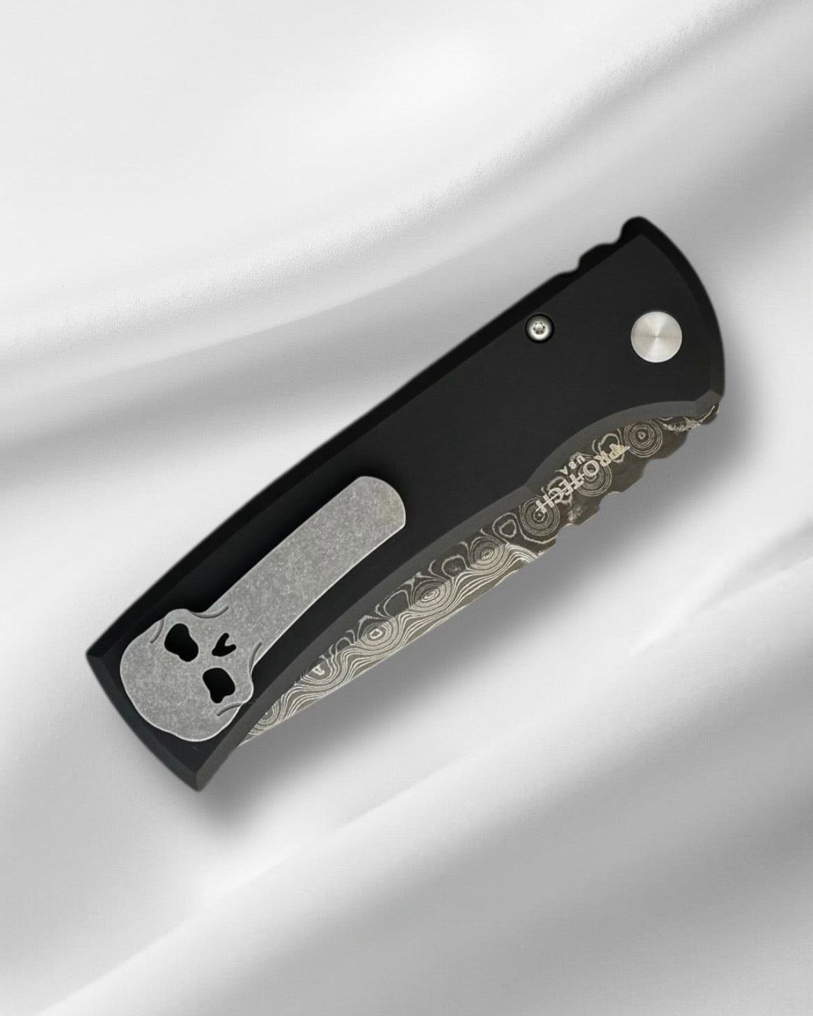 Pro-Tech-Chaves x Pro-Tech 229 Redencion Auto - Black Handles - Damascus Drop Point Blade-4-Urban Cutlery