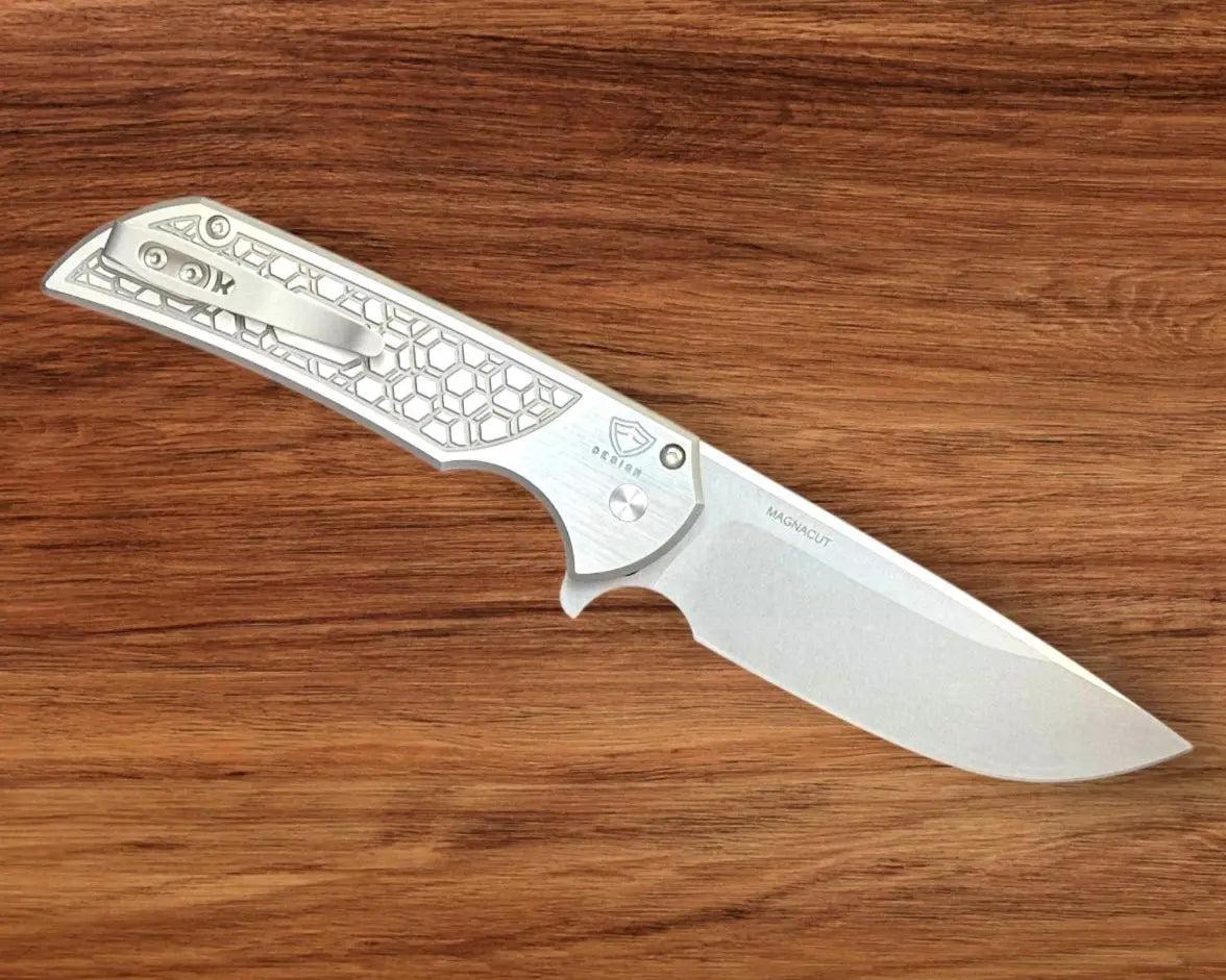 Pro-Tech-(Open Box) Pro-Tech Custom Steel Gridlock Mordax - "Gridlock" Handle - Stonewash Magnacut Blade - Black Lip Pearl Push Button - Blasted Mini Deep Carry Clip-2-Urban Cutlery