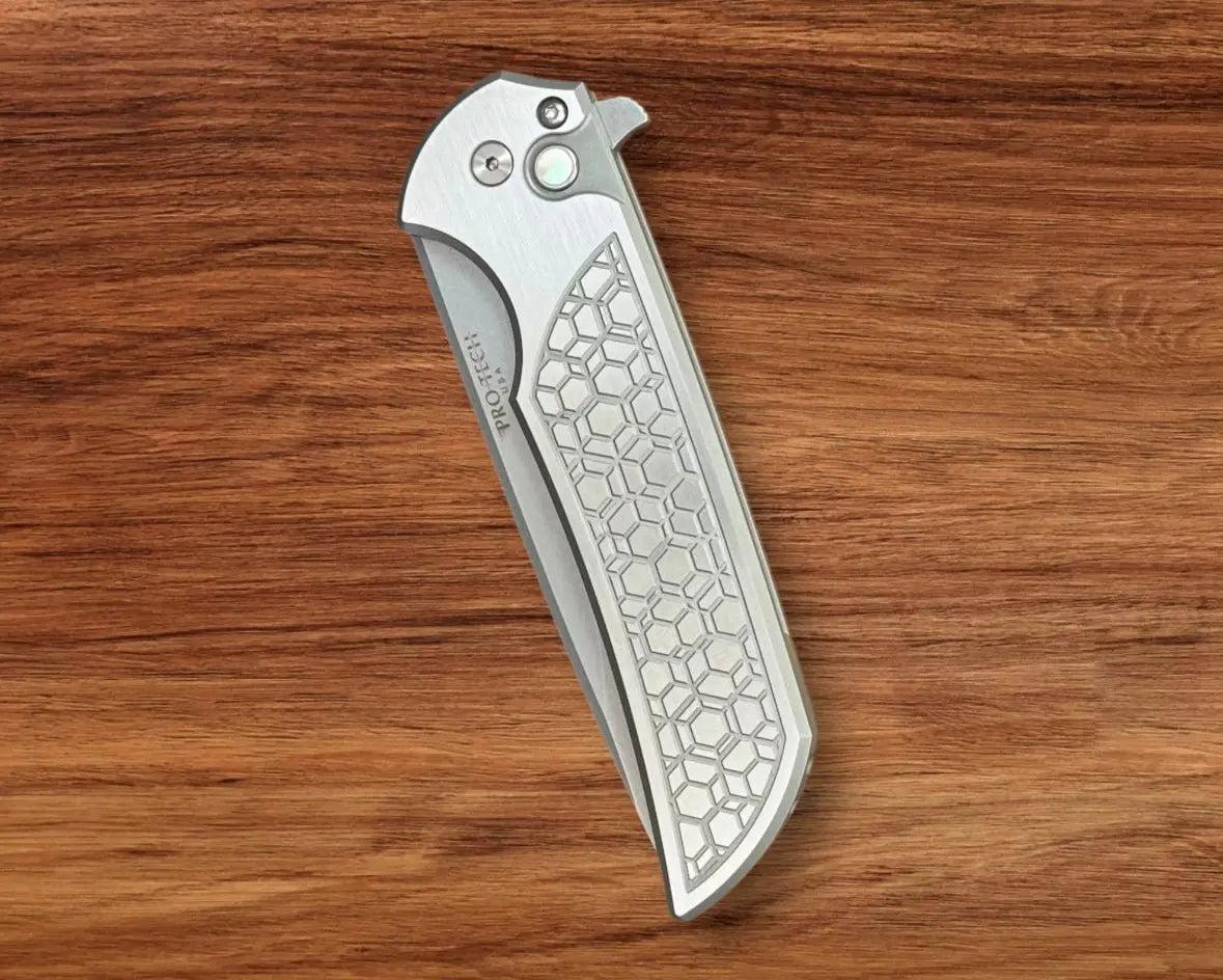 Pro-Tech-(Open Box) Pro-Tech Custom Steel Gridlock Mordax - "Gridlock" Handle - Stonewash Magnacut Blade - Black Lip Pearl Push Button - Blasted Mini Deep Carry Clip-3-Urban Cutlery