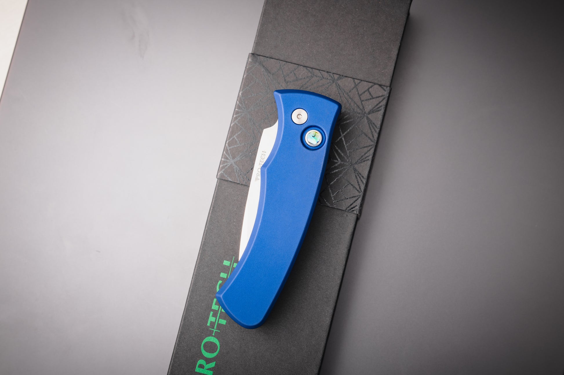 Pro-Tech-Pro-Tech 2025 Duke Custom 004 AUTO - Navy Blue 6061 Aluminum Handle - Polished Mike Irie Compound Ground 154CM Blade - Abalone Button - Satin Hardware-3-Urban Cutlery