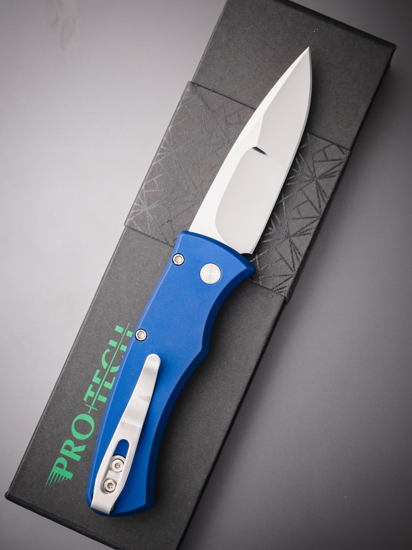 Pro-Tech-Pro-Tech 2025 Duke Custom 004 AUTO - Navy Blue 6061 Aluminum Handle - Polished Mike Irie Compound Ground 154CM Blade - Abalone Button - Satin Hardware-4-Urban Cutlery