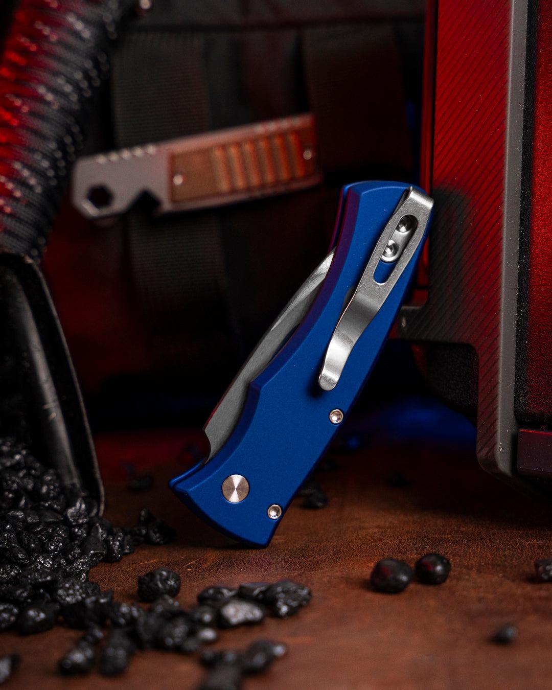 Pro-Tech-Pro-Tech 2025 Duke Custom 004 AUTO - Navy Blue 6061 Aluminum Handle - Polished Mike Irie Compound Ground 154CM Blade - Abalone Button - Satin Hardware-6-Urban Cutlery