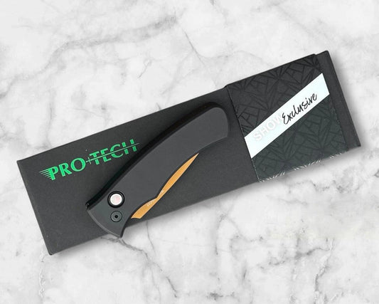 Pro-Tech-Pro-Tech 2025 F&F Show Exclusive Duke AUTO - Black Aluminum Handle - Tan Magnacut Blade - Pearl Button-1-Urban Cutlery