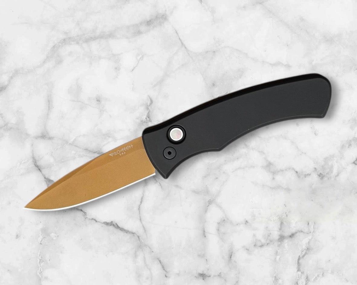 Pro-Tech-Pro-Tech 2025 F&F Show Exclusive Duke AUTO - Black Aluminum Handle - Tan Magnacut Blade - Pearl Button-2-Urban Cutlery