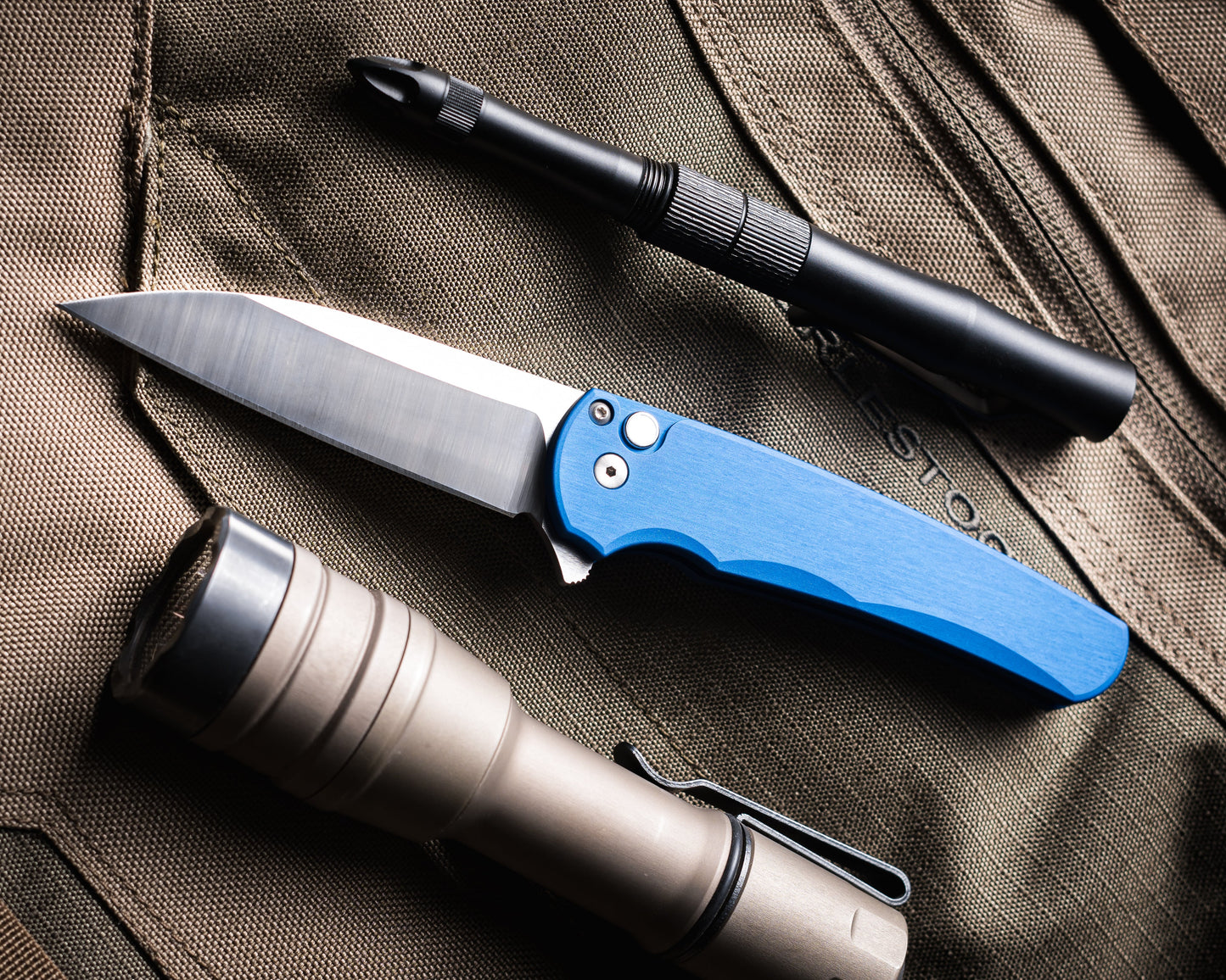 Pro-Tech-Pro-Tech 5300.LTD.Blue Malibu - Blue Handle - Machine Satin Magnacut Wharncliffe Blade - White Pearl Button - Satin Hardware-1-Urban Cutlery