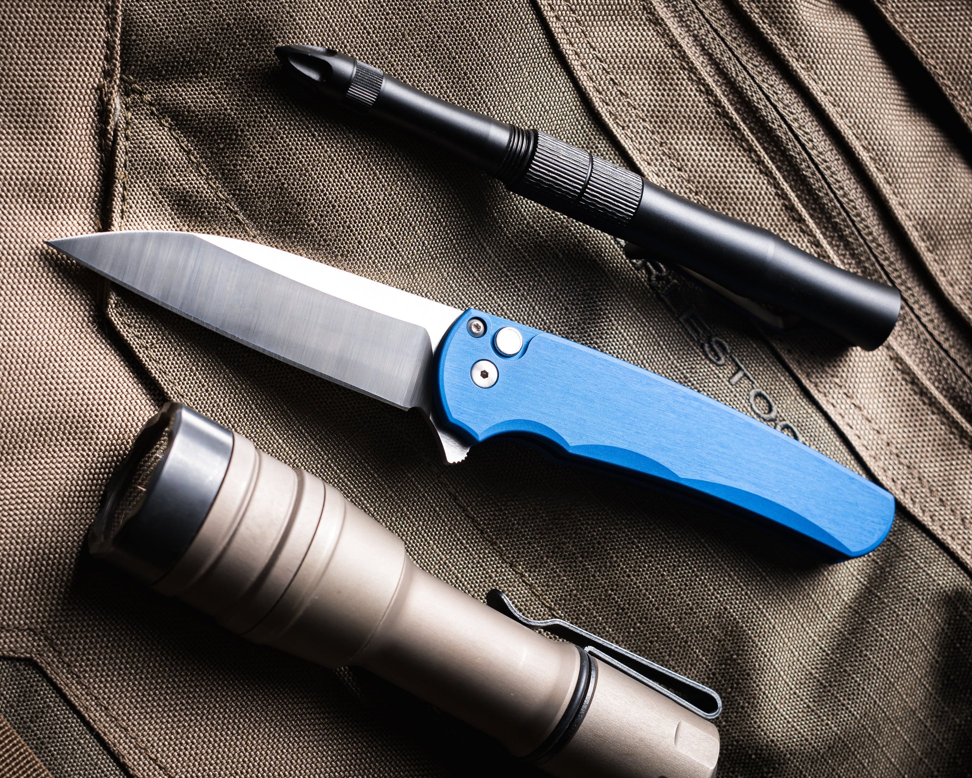 Pro-Tech-Pro-Tech 5300.LTD.Blue Malibu - Blue Handle - Machine Satin Magnacut Wharncliffe Blade - White Pearl Button - Satin Hardware-1-Urban Cutlery