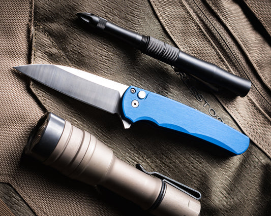 Pro-Tech-Pro-Tech 5300.LTD.Blue Malibu - Blue Handle - Machine Satin Magnacut Wharncliffe Blade - White Pearl Button - Satin Hardware-1-Urban Cutlery