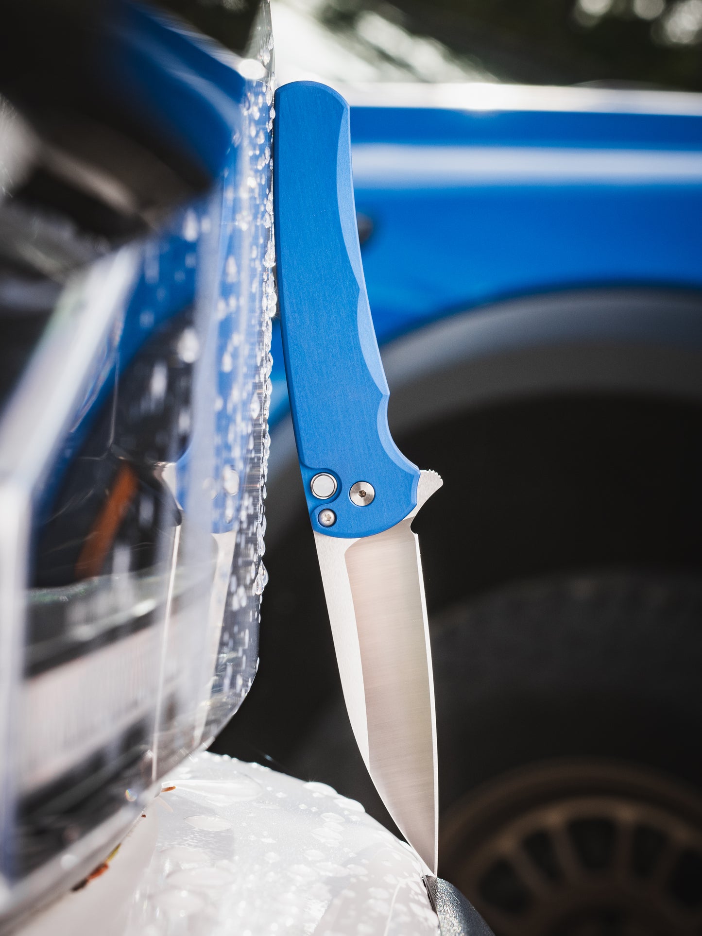 Pro-Tech-Pro-Tech 5300.LTD.Blue Malibu - Blue Handle - Machine Satin Magnacut Wharncliffe Blade - White Pearl Button - Satin Hardware-2-Urban Cutlery