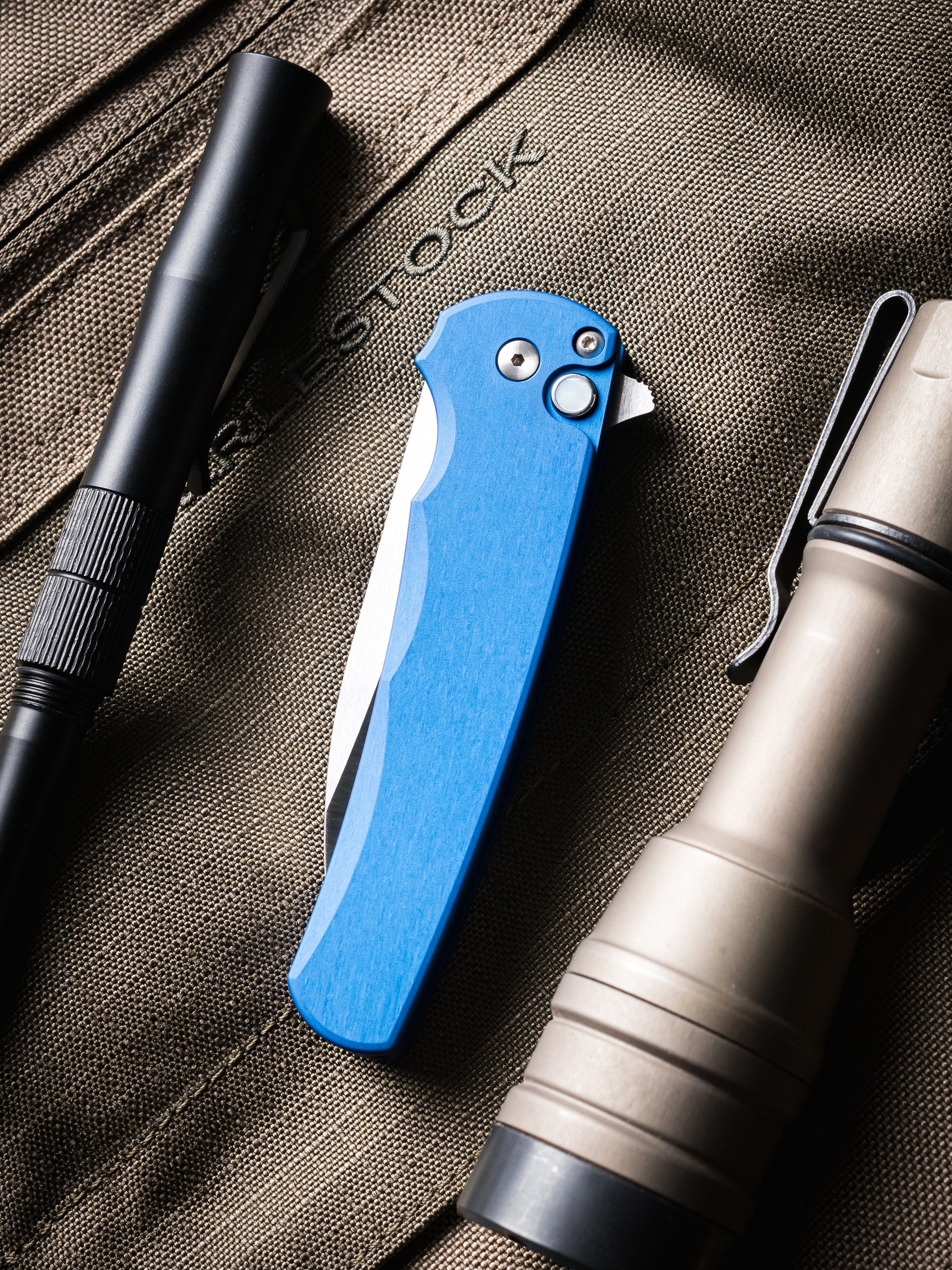 Pro-Tech-Pro-Tech 5300.LTD.Blue Malibu - Blue Handle - Machine Satin Magnacut Wharncliffe Blade - White Pearl Button - Satin Hardware-3-Urban Cutlery