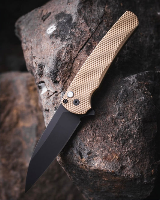 Pro-Tech-Pro-Tech 5316 Malibu - Textured AlBronze Handle - DLC Black Wharncliffe Blade - Black Lip Button-1-Urban Cutlery