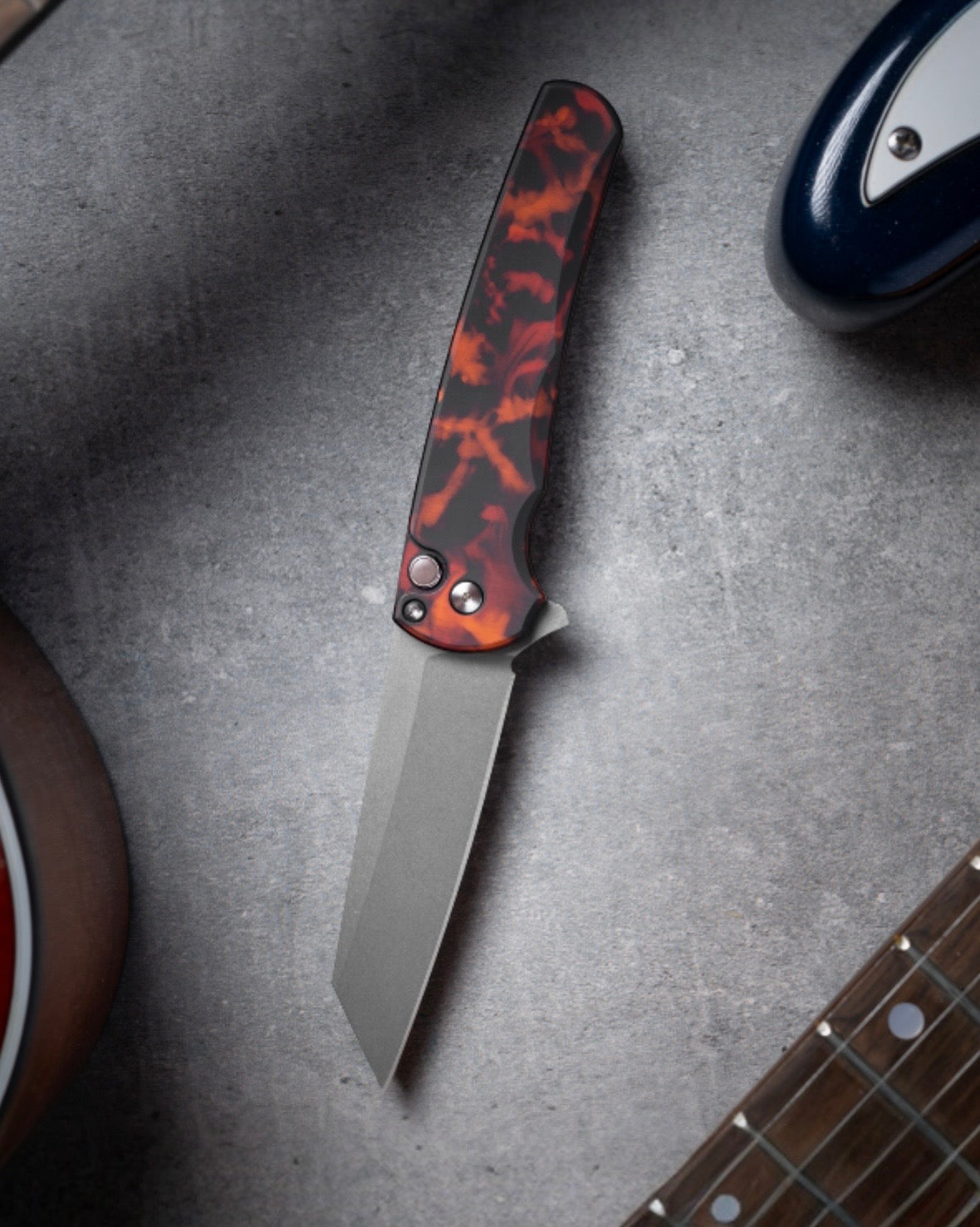 Pro-Tech-Pro-Tech 5401.DF Malibu - "Del Fuego" Custom Anodized Handle - Stonewash Reverse Tanto Magnacut Blade - Black Lip Pearl Button-1-Urban Cutlery