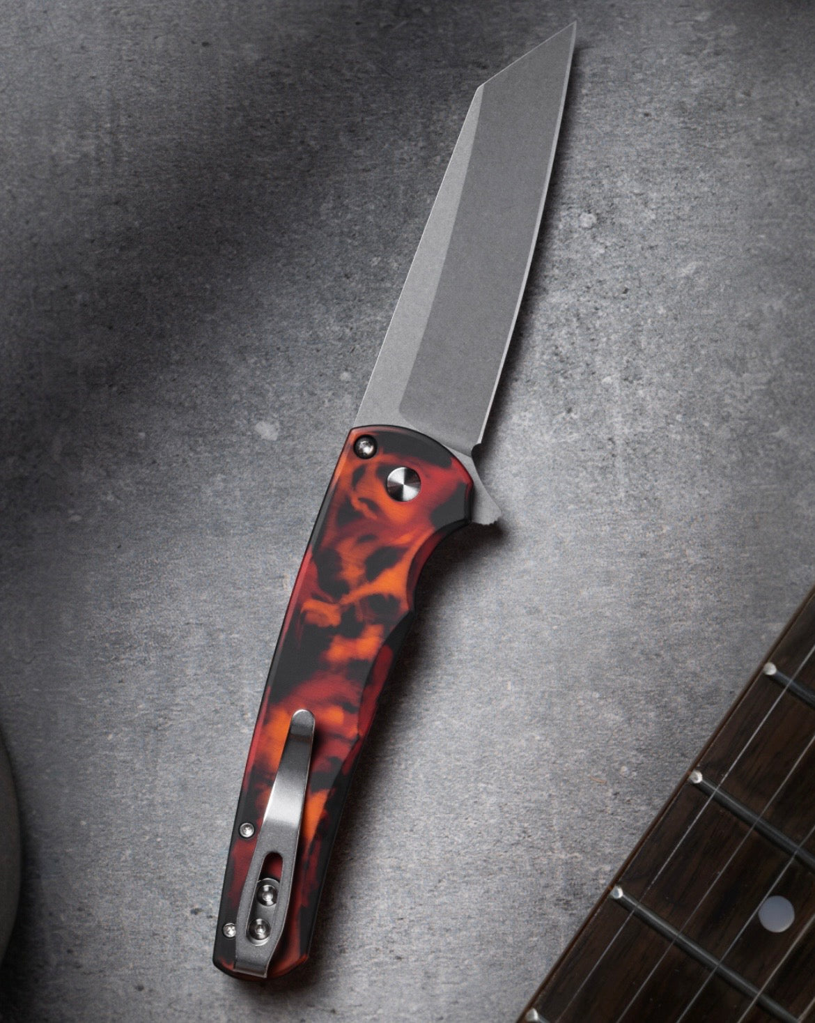 Pro-Tech-Pro-Tech 5401.DF Malibu - "Del Fuego" Custom Anodized Handle - Stonewash Reverse Tanto Magnacut Blade - Black Lip Pearl Button-2-Urban Cutlery