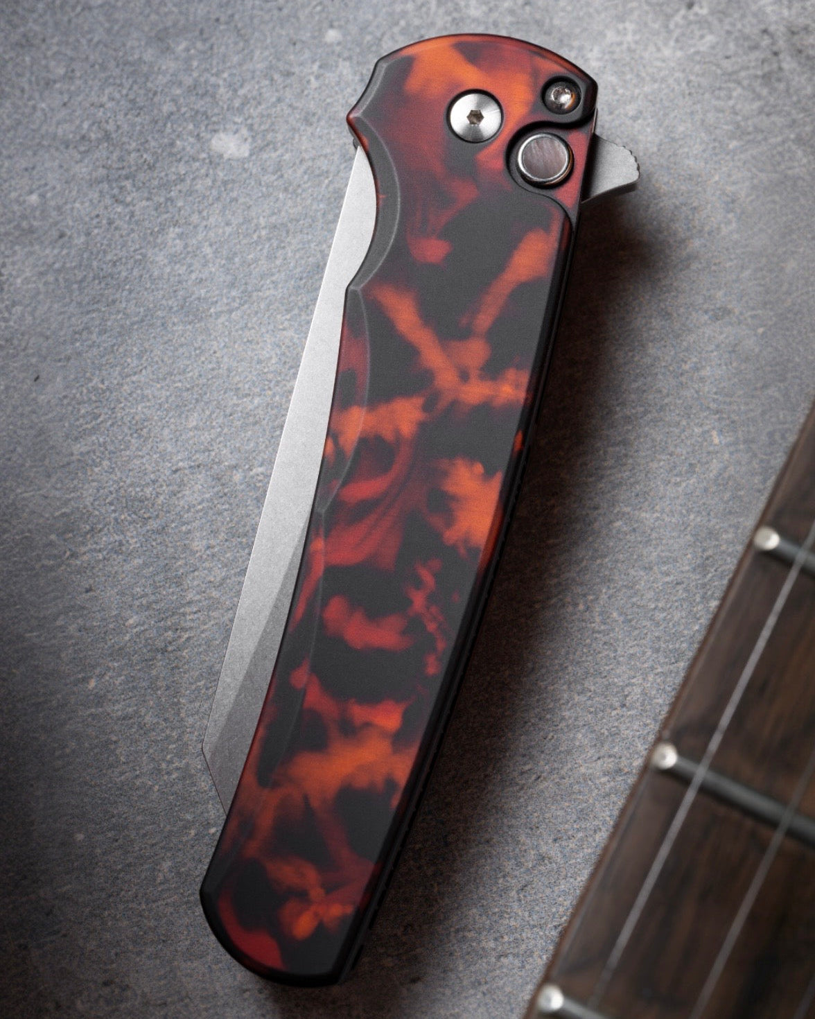 Pro-Tech-Pro-Tech 5401.DF Malibu - "Del Fuego" Custom Anodized Handle - Stonewash Reverse Tanto Magnacut Blade - Black Lip Pearl Button-3-Urban Cutlery