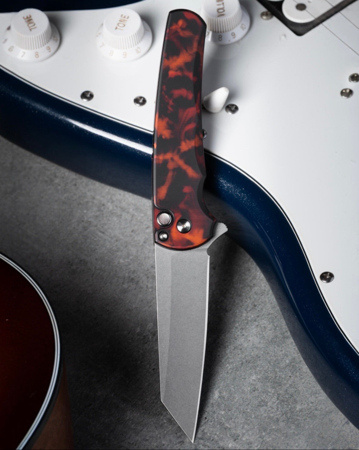 Pro-Tech-Pro-Tech 5401.DF Malibu - "Del Fuego" Custom Anodized Handle - Stonewash Reverse Tanto Magnacut Blade - Black Lip Pearl Button-4-Urban Cutlery
