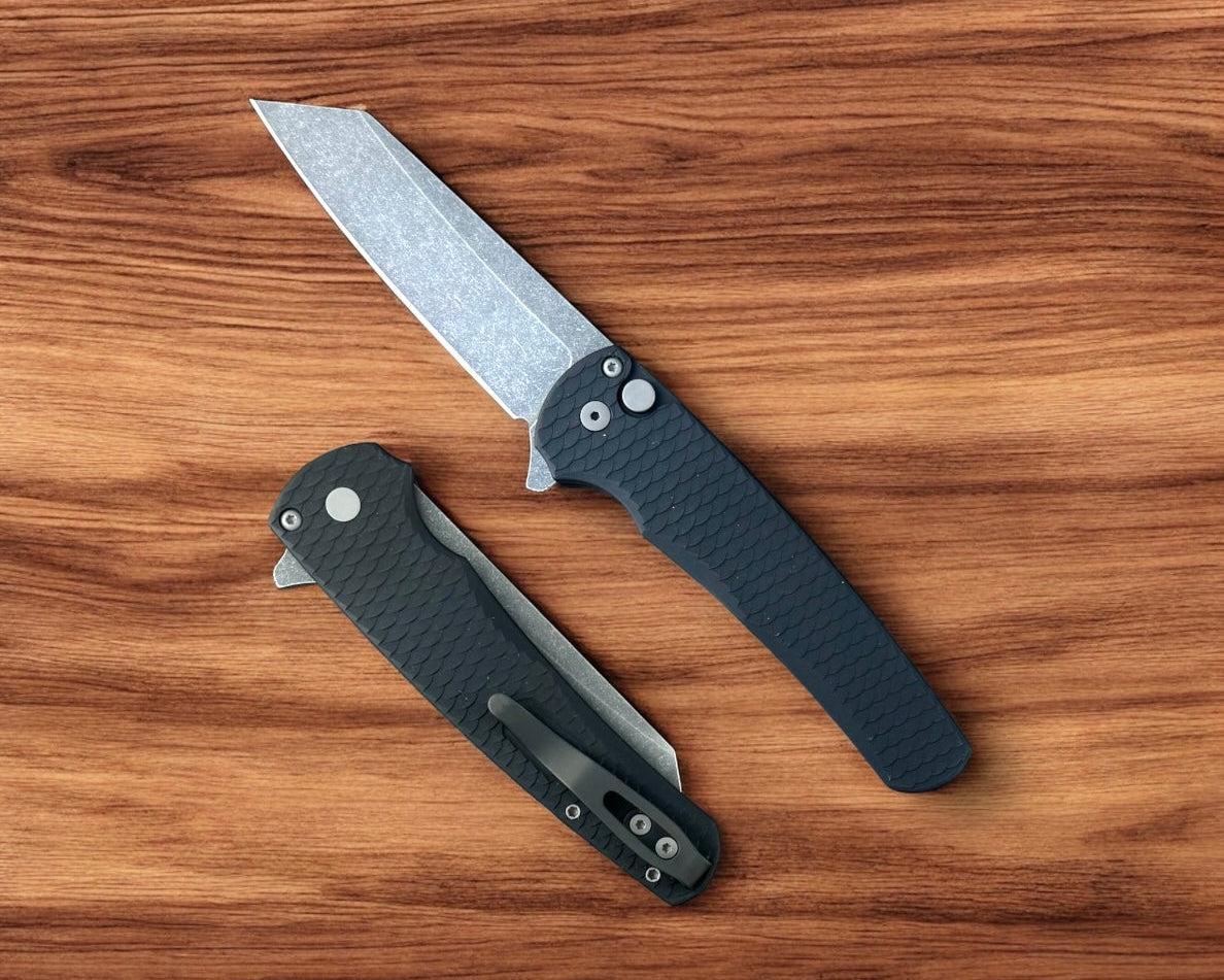 Pro-Tech-Pro-Tech 5435-AW Malibu - Black 7075 "Dragon Scale" Handle - Acid Washed Reverse Tanto Magnacut Blade - Blasted Hardware-1-Urban Cutlery