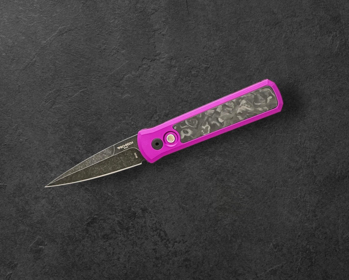Pro-Tech-Pro-Tech 7211.Marble.CF.Purple.DLCW Godson AUTO - Purple with Marble Carbon Fiber inlay Handles - DLC Wash 20CV Blade - Black Lip Pearl Button-2-Urban Cutlery
