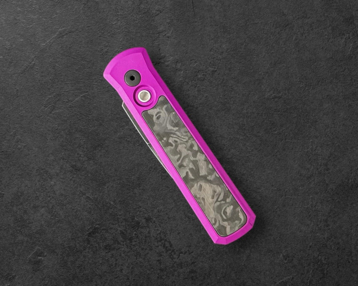 Pro-Tech-Pro-Tech 7211.Marble.CF.Purple.DLCW Godson AUTO - Purple with Marble Carbon Fiber inlay Handles - DLC Wash 20CV Blade - Black Lip Pearl Button-4-Urban Cutlery