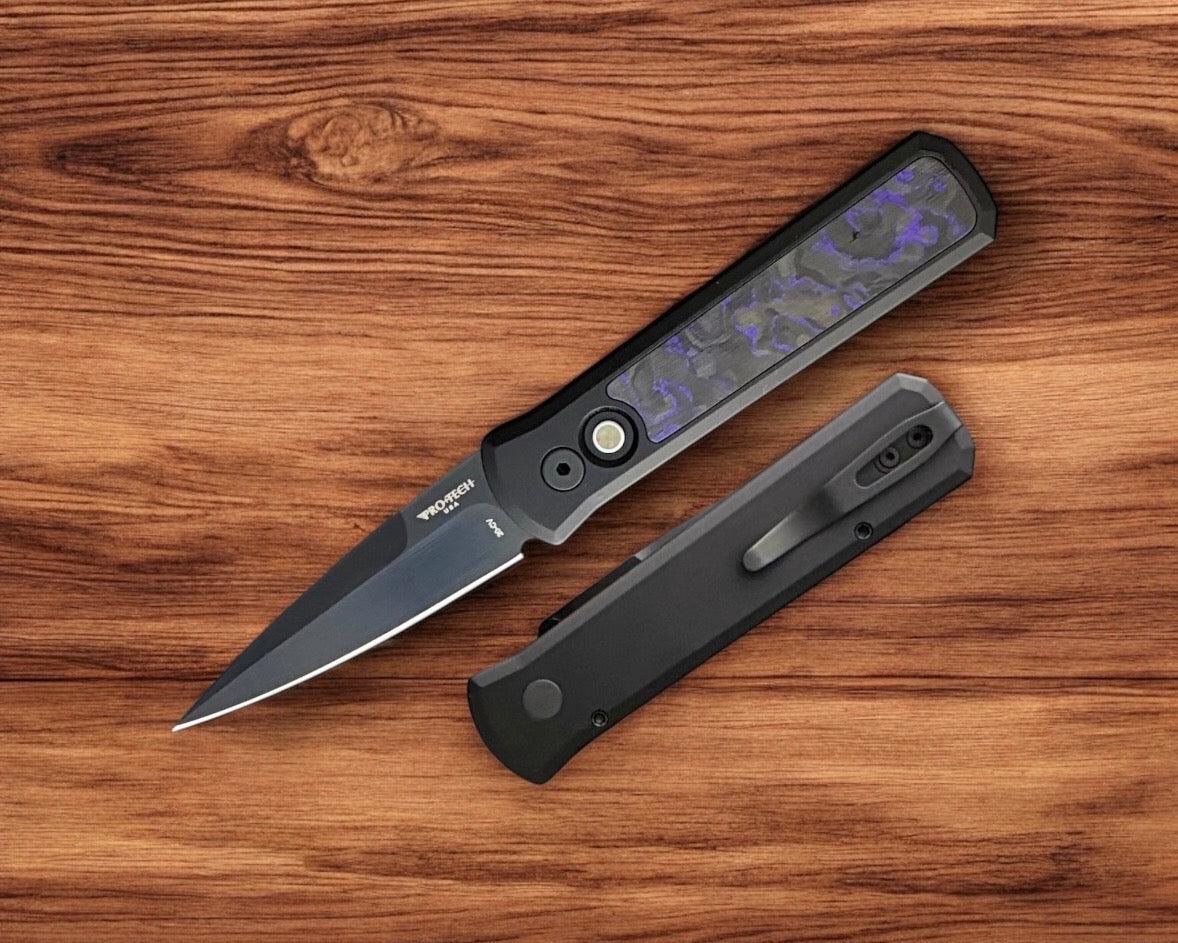Pro-Tech-Pro-Tech 7214.Violet.CF.20CV Godson AUTO - Violet Marble Carbon Fiber Inlay Handles - DLC Satin 20CV Blade - Black Lip Pearl Button-1-Urban Cutlery